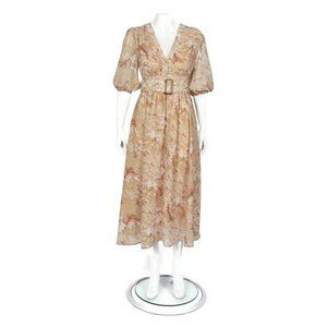 New L'atise Flowy Forest Leaves Trees Brown Puff Sleeve Maxi Dress sz S NWT /422